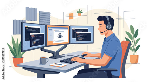 Software developer coding at triple monitor workstation desk