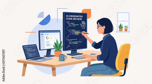 Programmer writing software code with AI assistance display.