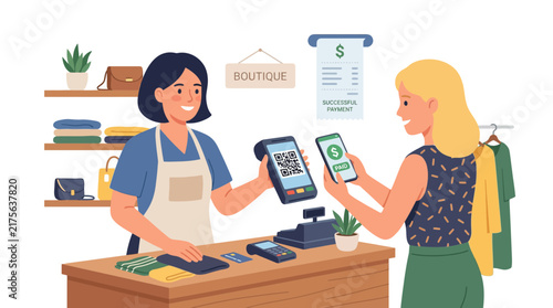 Merchant and customer using mobile payments in boutique.