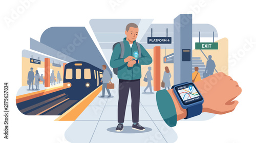 Man checking smartwatch notification at subway train station.
