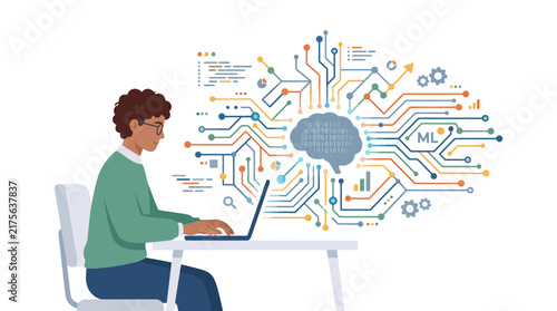 Programmer working on laptop with AI neural network.