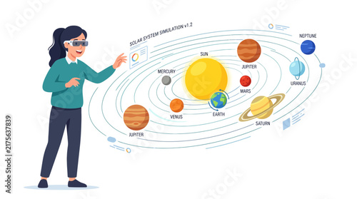 Woman interacting with holographic solar system AR interface.