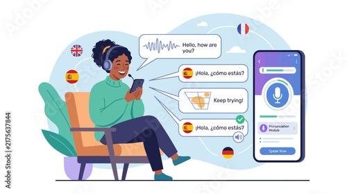 Woman using voice translation app on mobile phone.