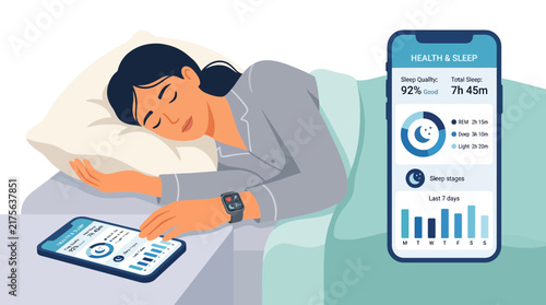 Woman checking health and sleep data on mobile smartphone.
