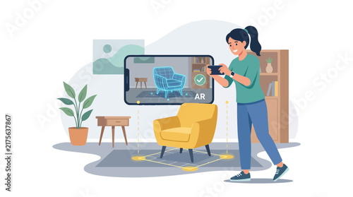 Woman using augmented reality app for home interior design.