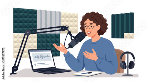 Woman podcaster recording audio with professional microphone.