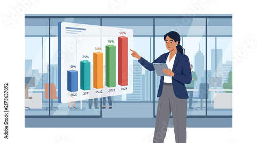 Businesswoman presenting colorful bar chart data in office.
