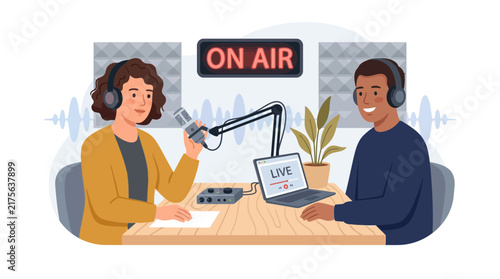 Diverse podcasters recording live audio show in studio.