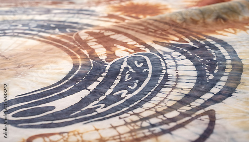 Close-up of Traditional Batik Fabric with Intricate Indigo and Brown Patterns for Textile Design Background