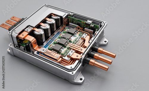 3D Cross-Section of an Electric Vehicle Motor Controller Revealing Internal Power Electronics and Copper Busbars