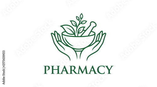 Minimalist green vector logo featuring hands holding a mortar and pestle with organic healing leaves