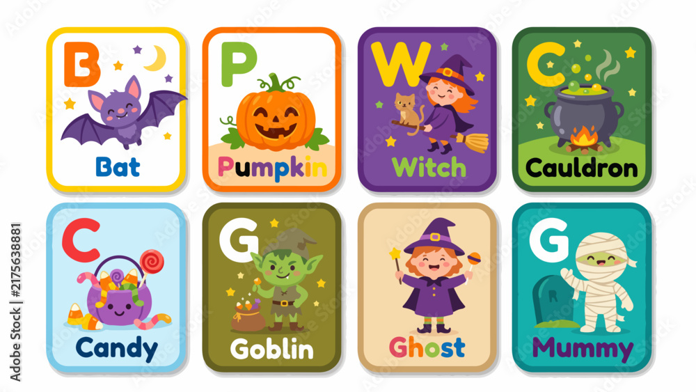 Fototapeta premium Halloween educational flash cards vector set with alphabet letters, cute cartoon monsters, and vocabulary words for kids learning