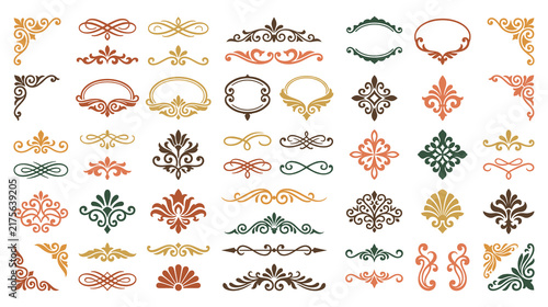 Colorful vintage filigree ornaments and retro decorative headers.