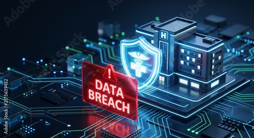 Conceptual 3D hospital building on a circuit board with glowing medical shield and red data breach warning sign.