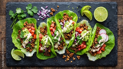 An assortment of colorful, healthy raw vegan tacos using crisp lettuce leaves as shells, filled with spicy walnut taco meat, diced tomatoes, guacamole, and cashew crema, shot