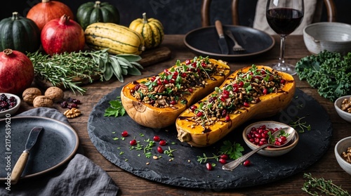 A high-end culinary spread for World Vegetarian Day featuring a gourmet roasted stuffed butternut squash, garnished with pomegranate seeds and fresh herbs, served on a sleek