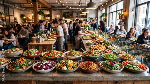 A bustling modern farm-to-table restaurant counter displaying an abundant variety of colorful, fresh vegetarian salads, grain bowls, and roasted vegetables in ceramic bowls,