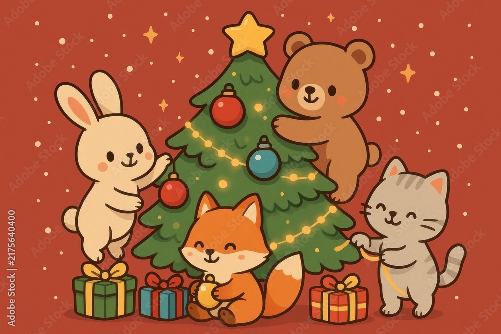 Obraz premium Cute animals celebrate Christmas joyfully.