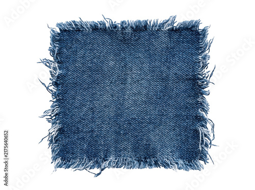 Frayed denim fabric square showcases distressed texture against neutral background.