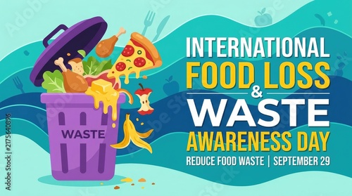International food loss and waste awareness day concept with trash can full of food waste