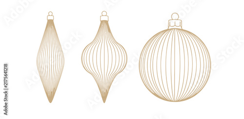 Elegant christmas tree hanging ornaments in gold line art style featuring delicate decorative baubles with vertical striped pattern for holiday season decor.