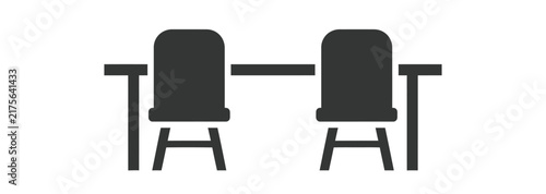 Simple furniture icon showing two chairs positioned at table surface isolated on white background representing dining room setting or corporate meeting space.
