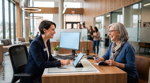 Bank officer assisting a senior customer at a modern office desk