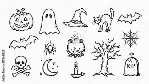 Hand-drawn Halloween doodles set with spooky icons including pumpkin, ghost, bat, skull, and witch hat