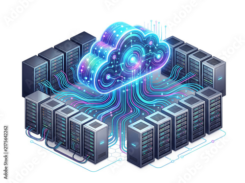 Plakat High tech cloud data storage mainframe server room vector graphic, glowing digital cloud connected to database servers