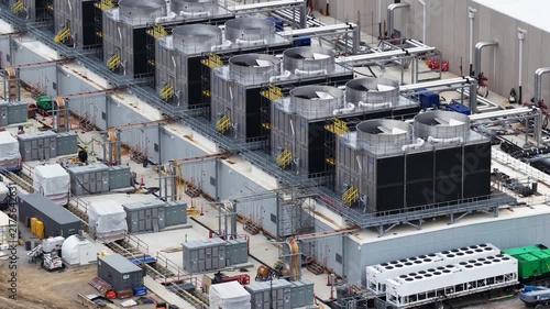 Aerial view of a large data center and its cooling system