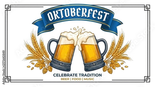 Oktoberfest celebration banner with beer mugs, wheat ears and hops isolated on white background
