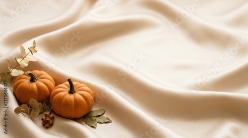Orange pumpkin thanksgiving halloween concept on the beige silk background flat lay copy space