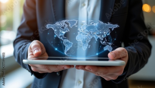 Businessman holding tablet with digital global network map and connection points.