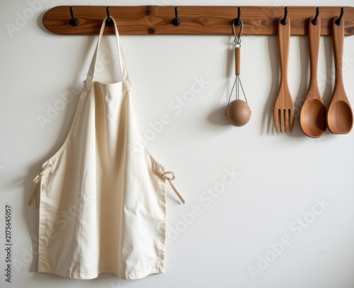 Beige apron and wooden kitchen utensils hanging on hooks against a white wall.