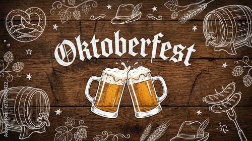 Oktoberfest celebration background with beer mugs, pretzels, sausages, and traditional hats