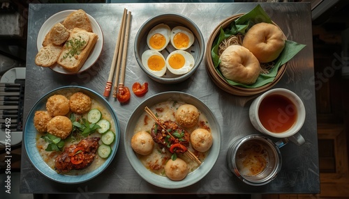 A Delicious Culinary Spread: A top-down view showcases a delightful assortment of Asian-inspired dishes, including savory dumplings, soft-boiled eggs, and aromatic tea, laid out on a metallic surface.