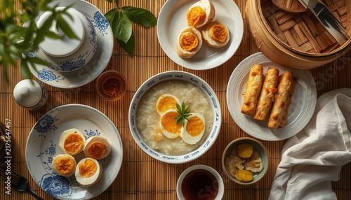 Asian Breakfast Spread: A delightful spread of traditional Asian breakfast dishes, including congee with boiled egg halves, savory spring rolls, and pickled ginger, presented on a bamboo placemat.