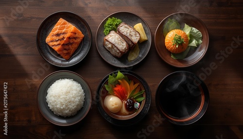 A Culinary Ensemble: A visually appealing spread of Japanese cuisine, featuring grilled salmon, rice, and a hearty vegetable dish, meticulously arranged on a rustic wooden surface.