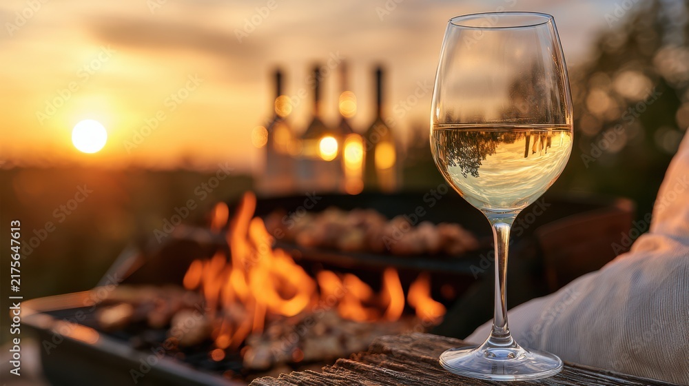 Obraz premium A glass of white wine is set on a wooden surface near a barbecue grill with flames, with bottles and a sunset in the background.