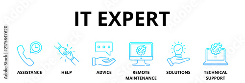 IT Expert banner web icon vector illustration concept with icon of assistance, help, advice, remote maintenance, solutions and technical support 