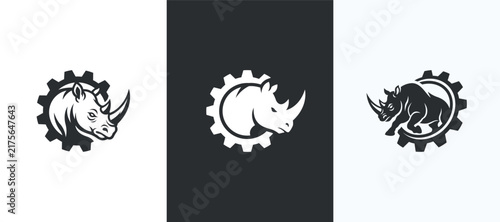 Set of rhinoceros logos with gear symbols. Gear rhino logo design vector illustration