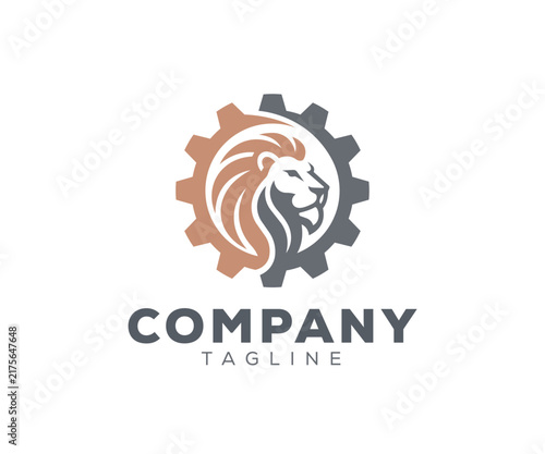 Gear Lion logo design vector illustration. Combination of lion and gear logo