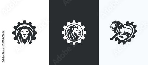 Set of Gear Lion logo design vector illustration. Combination of lion and gear logo
