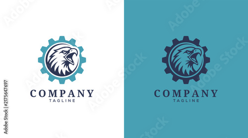 Gear Eagle logo design vector illustration. Combination of eagle and gear logo