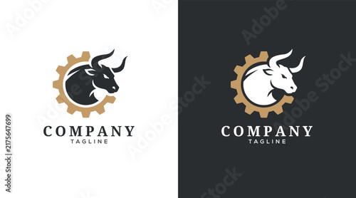 Gear Bull logo design vector illustration. Combination of bull and gear logo