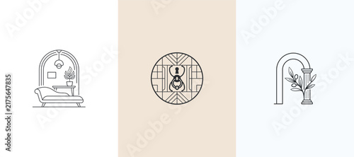 Abstract interior  logo design templates in simple linear style. Line art icon logo of a house / home for property and interior design