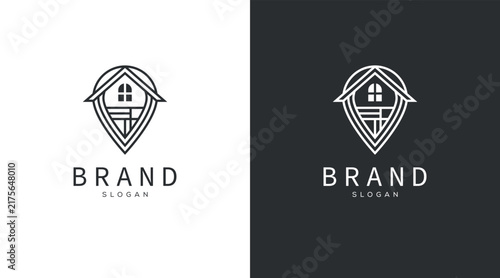 Modern abstract home and pin location logo design template. Line art icon logo of a house / home for property and location pin