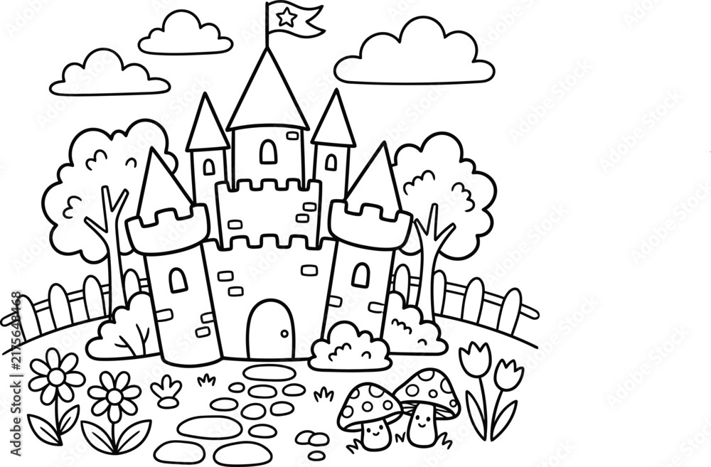 Fototapeta premium Enchanting castle coloring page a detailed illustration for creative kids and adults seeking a relaxing and magical artistic experience