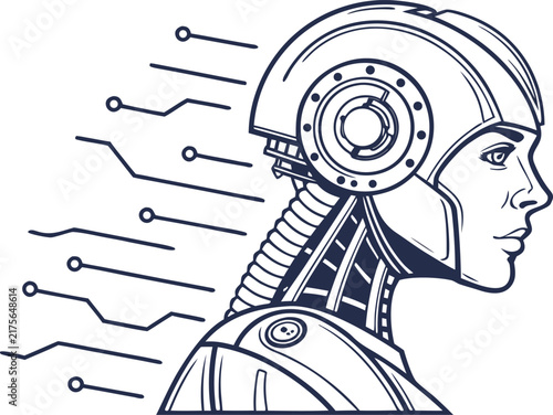 Profile view of a cyborg head with mechanical neck and electronic data lines, black and white line on white