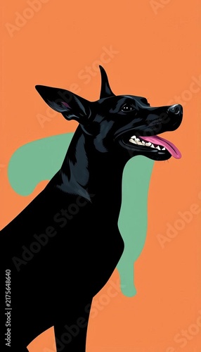 A sleek black dog's profile in a playful pose, with ears back and tongue out, set against a bold vector silhouette background, playful, fun